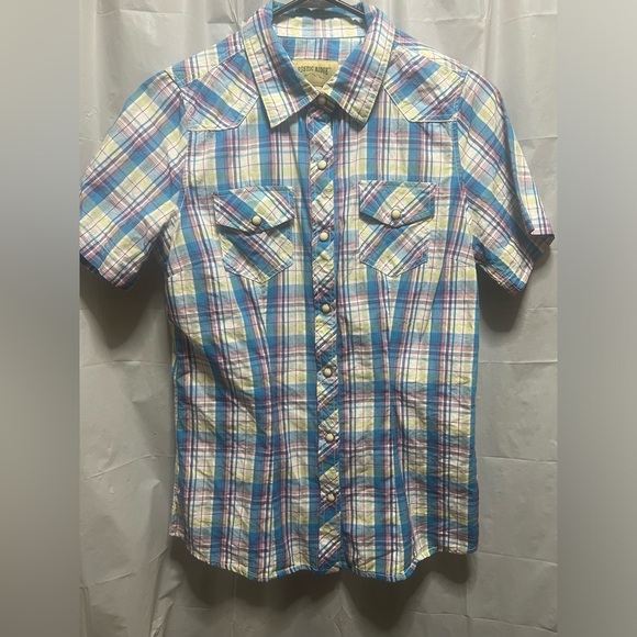 Rustic Ridge Blue/Purple/Yellow Plaid Western Button-up w/ Pearl Snap size Small - Picture 1 of 4